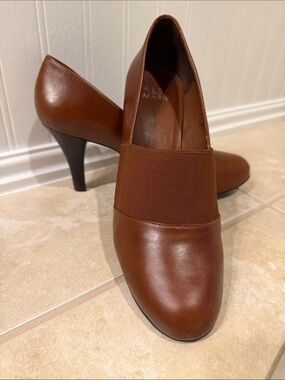 Alex Marie Brown Leather Slip-On Heels with Elastic Vamp